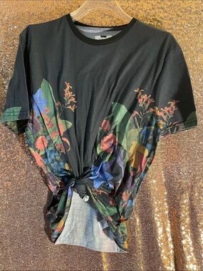 Topman Black Floral Knot-Front Tee with Multicolor Botanical Print